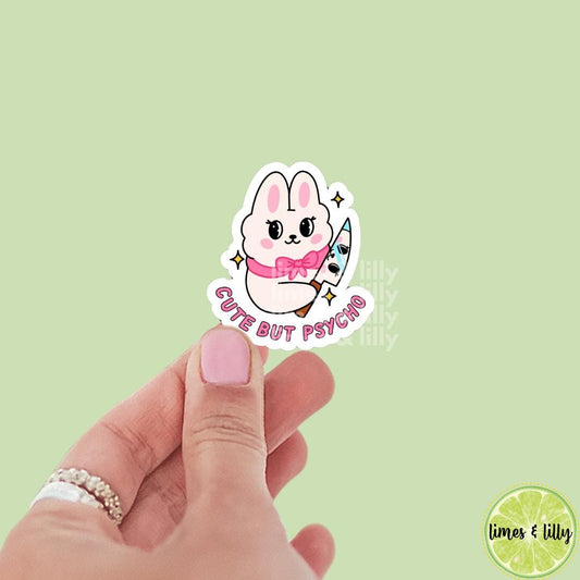Cute But Psycho Holding Knife Bunny Vinyl Sticker | Kindle Stickers | Funny Stickers | Water Bottle Sticker