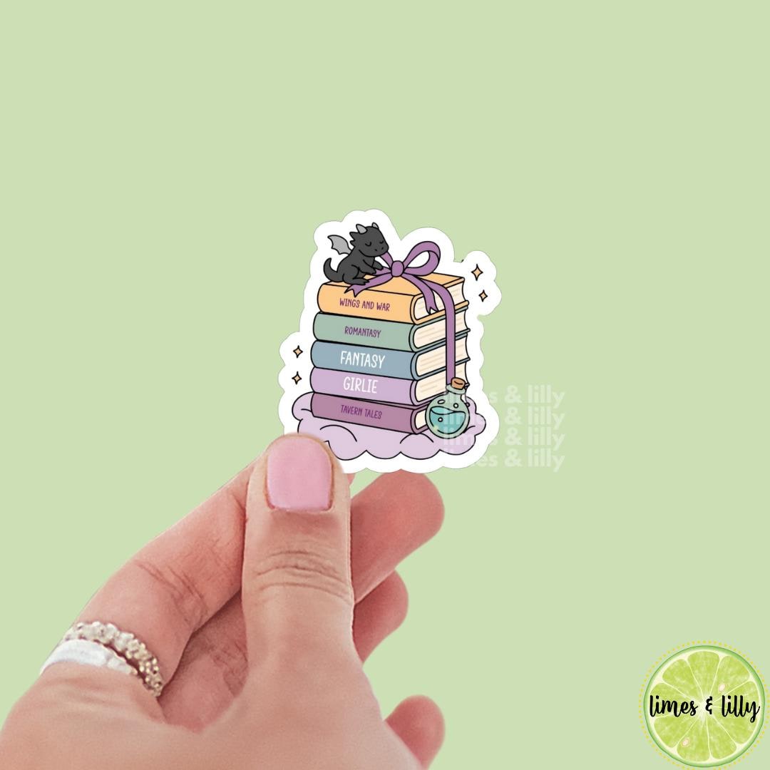 Fantasy Girlie Dragon Book Stack Vinyl Sticker | Book Sticker | Water Bottle Sticker | Bookish Stickers | Kindle Stickers | Romantasy