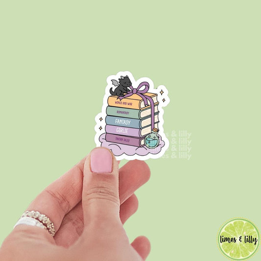 Fantasy Girlie Dragon Book Stack Vinyl Sticker | Book Sticker | Water Bottle Sticker | Bookish Stickers | Kindle Stickers | Romantasy