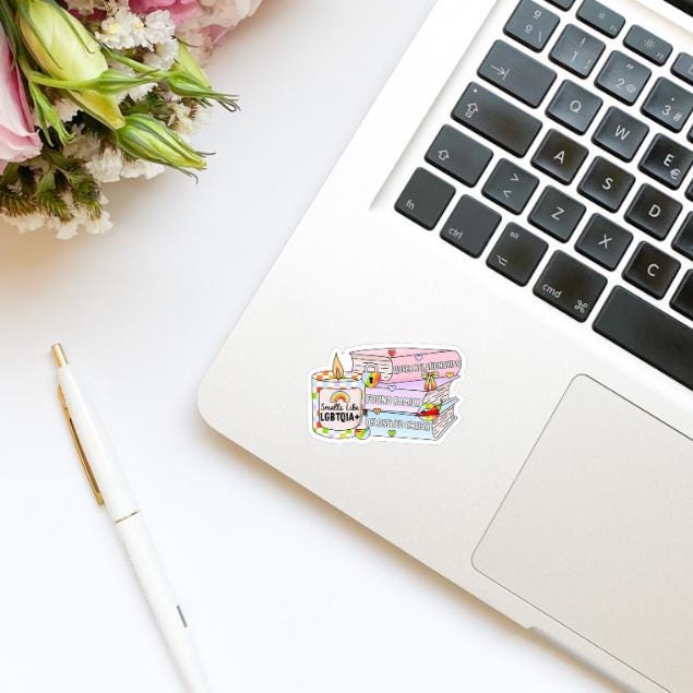 Smells Like LGBTQIA+ Candle Book Stack Rainbow Vinyl Sticker | Pride Stickers| Inclusive pride sticker | LGBTQIA sticker