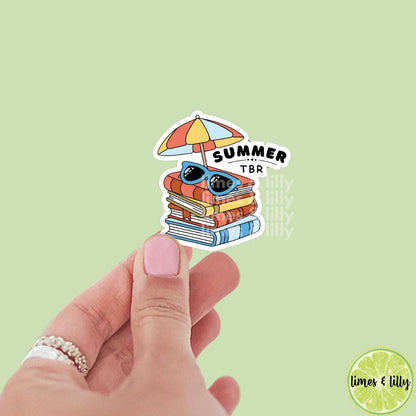 Summer TBR Book Stack Umbrella Sunglasses Vinyl Sticker | Kindle Stickers | Bookish Stickers | Gift for Book Lover