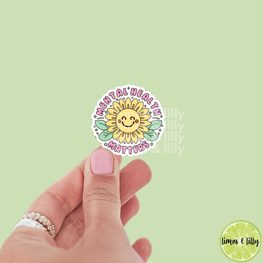 Mental Health Matters Sunflower Floral Vinyl Sticker, kindle stickers, mental health sticker, Positivity Sticker, affirmation