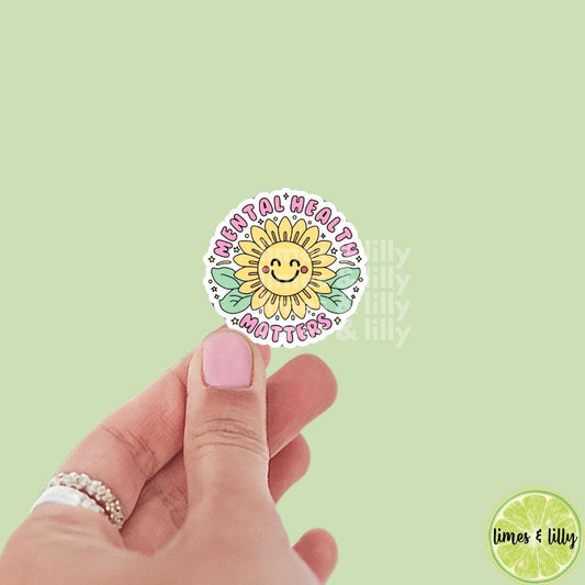 Mental Health Matters Sunflower Floral Vinyl Sticker, kindle stickers, mental health sticker, Positivity Sticker, affirmation