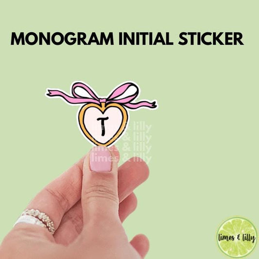 Custom Monogram Initial Letter Heart Locket Pink Bow Vinyl Sticker | Girly Sticker | Kindle Stickers | Cute Stickers | Trendy