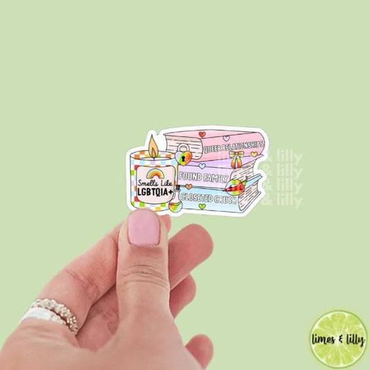 Smells Like LGBTQIA+ Candle Book Stack Rainbow Vinyl Sticker | Pride Stickers| Inclusive pride sticker | LGBTQIA sticker