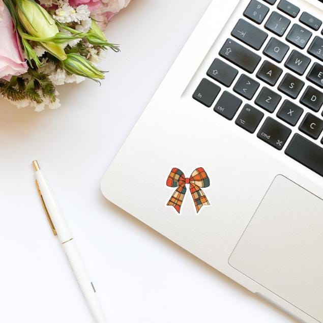 Coquette Fall Plaid Print Bow Vinyl Sticker | Girly Sticker | Kindle Stickers | Cute Stickers | Water Bottle Sticker