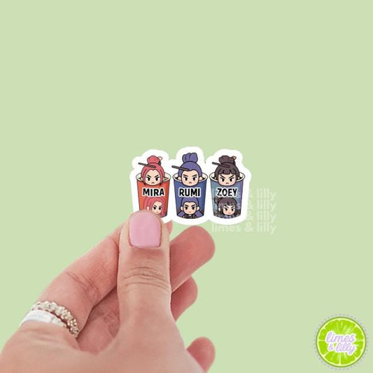 Mira Rumi Zoey Ramen Vinyl Sticker | Anime Inspired Chibi Trio Character Sticker | Cute Collectible Vinyl | Kindle Stickers | Water Bottle