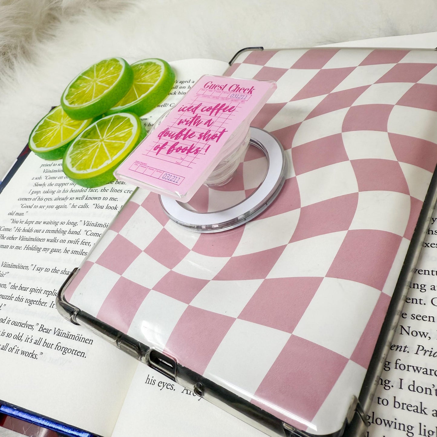 Guest Check Iced Coffee with a Double Shot of Books Magnetic MagSafe Kindle Grip | Kindle Accessories | Phone Pop Grip | E-reader Grip