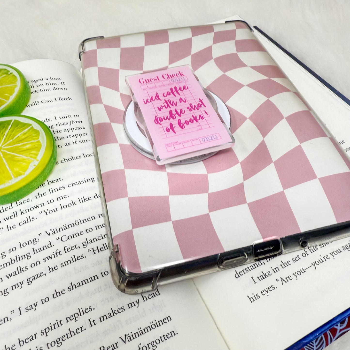 Guest Check Iced Coffee with a Double Shot of Books Magnetic MagSafe Kindle Grip | Kindle Accessories | Phone Pop Grip | E-reader Grip