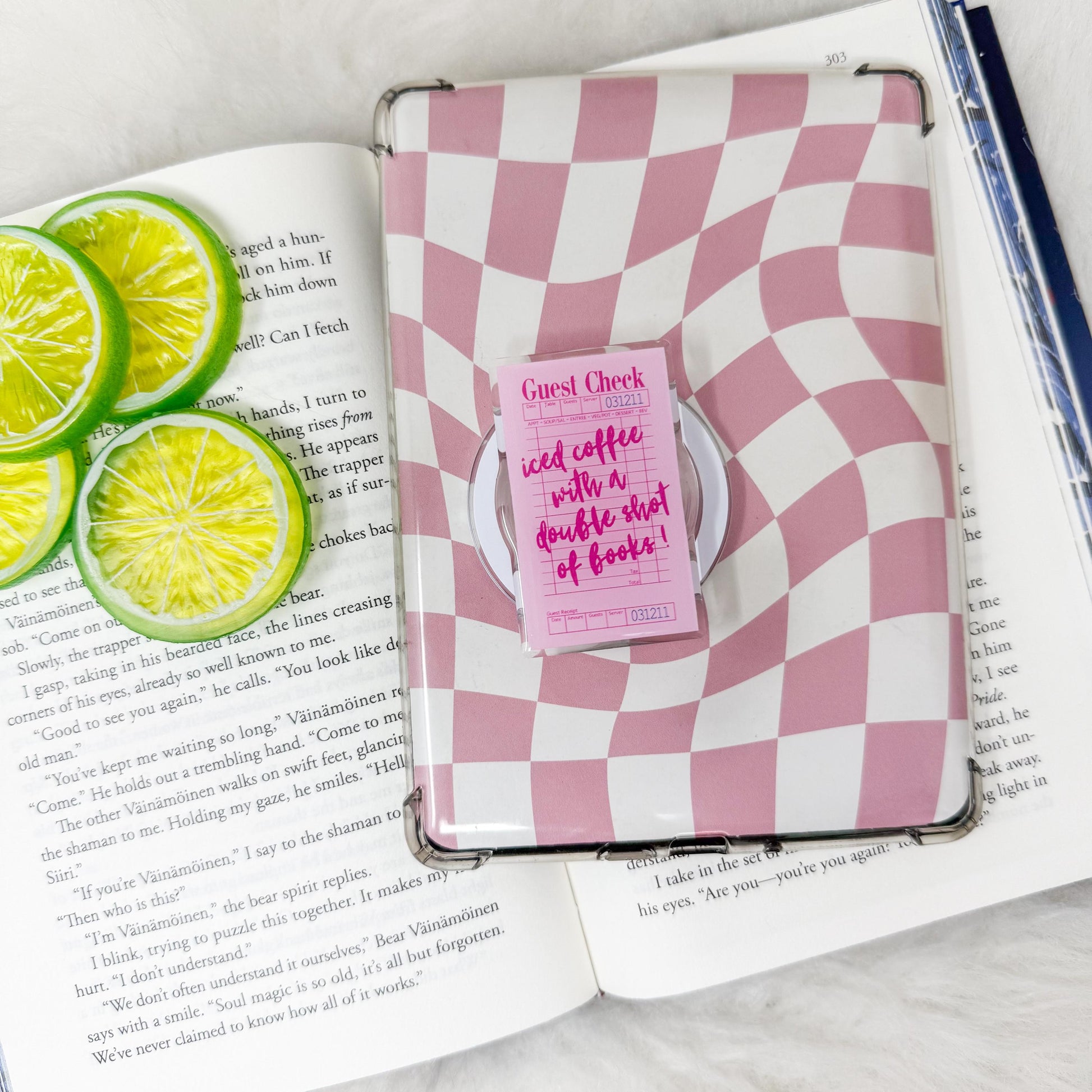 Guest Check Iced Coffee with a Double Shot of Books Magnetic MagSafe Kindle Grip | Kindle Accessories | Phone Pop Grip | E-reader Grip