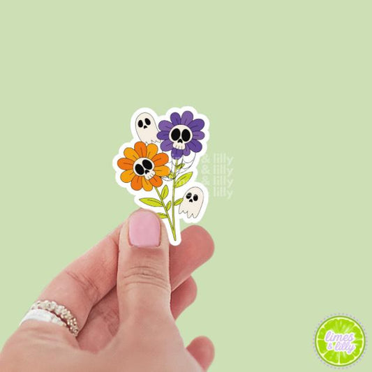 Spooky Flowers Floral Skull Vinyl Sticker | Water Bottle Sticker | Trendy Stickers | Kindle Stickers | Halloween Stickers | Plant Mom | Fall