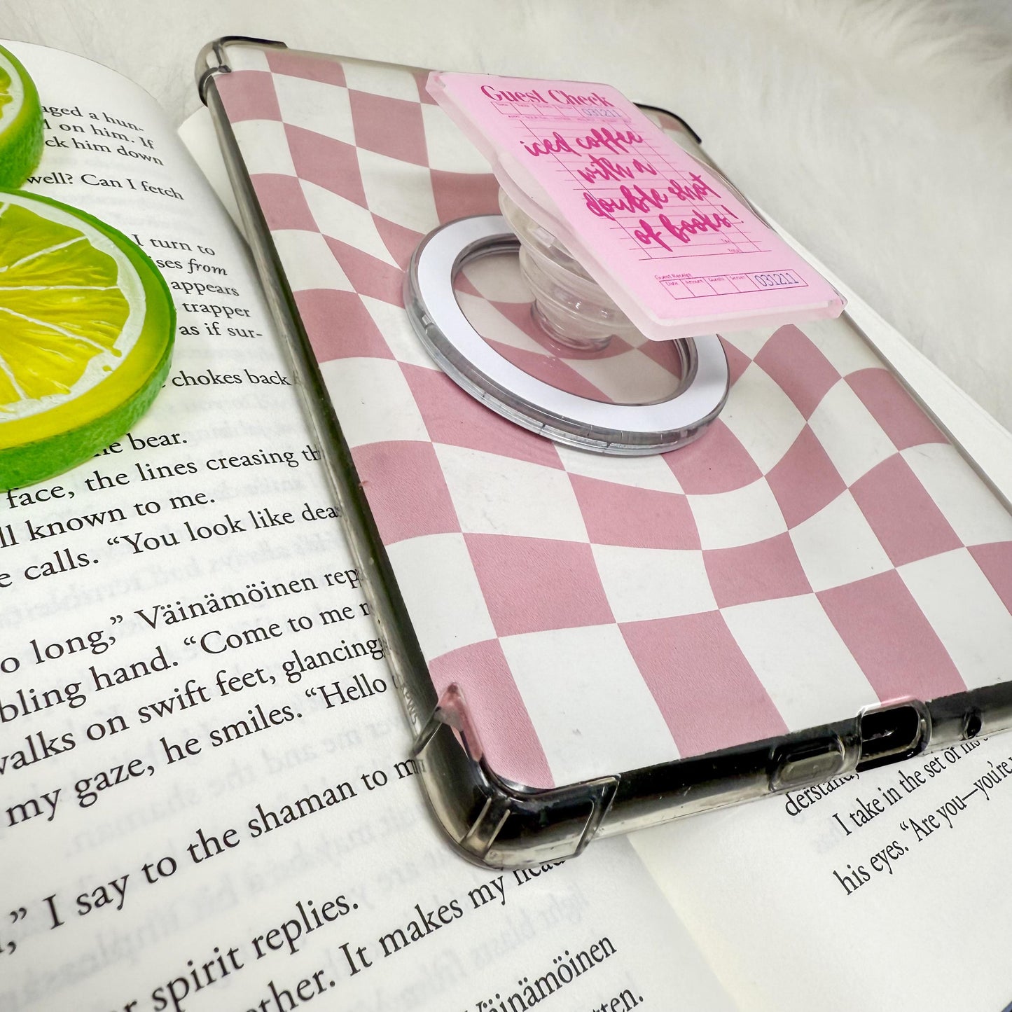 Guest Check Iced Coffee with a Double Shot of Books Magnetic MagSafe Kindle Grip | Kindle Accessories | Phone Pop Grip | E-reader Grip