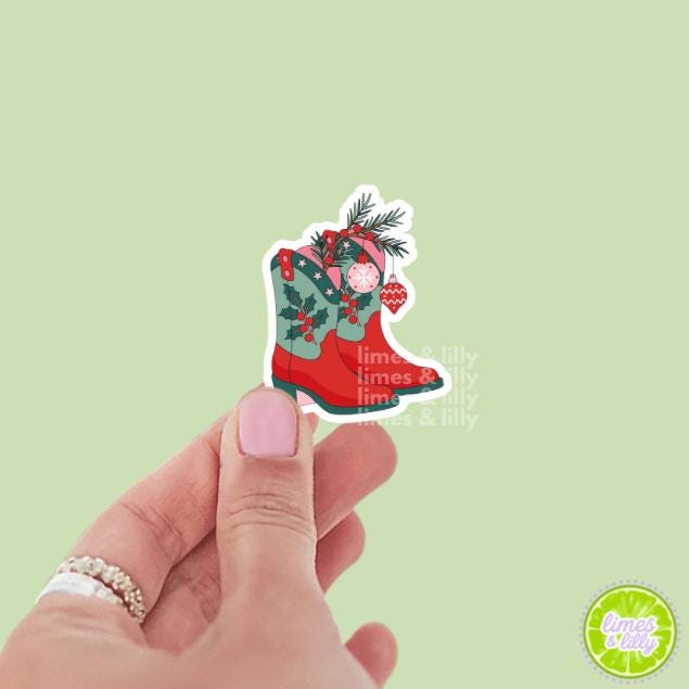 Christmas Cowgirl Boots Vinyl Sticker | Christmas Stickers | Holiday Stickers | Kindle Stickers | Water Bottle Stickers