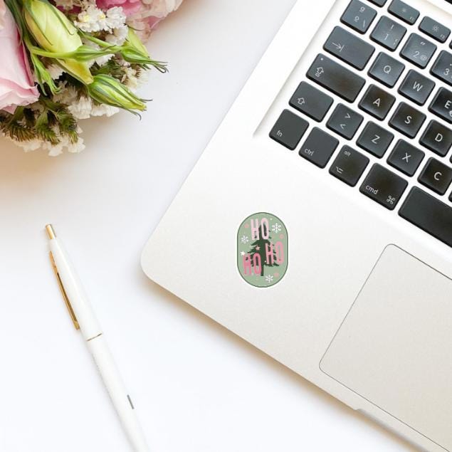 Ho Ho Ho Christmas Tree Pink and Green Vinyl Sticker | Christmas Stickers | Holiday Stickers | Kindle Stickers | Water Bottle Stickers