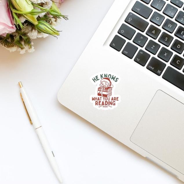 He Knows What You Are Reading Santa Bookish Vinyl Sticker | Christmas Stickers | Holiday Stickers | Kindle Stickers | Water Bottle Stickers