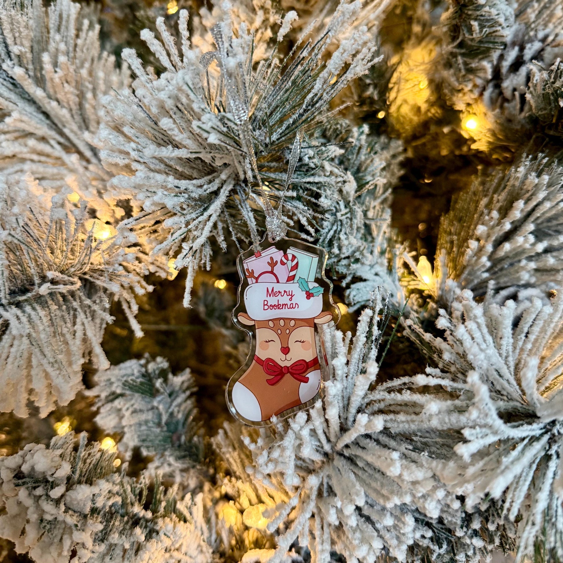 Merry Bookmas Reindeer Stocking Ornament | Cute Bookish Acrylic Ornament | 3” Christmas Tree Gift for Readers | Christmas Holiday Ornament