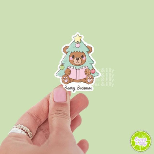 Beary Bookmas Cute Bear Vinyl Sticker | Christmas Stickers | Holiday Stickers | Kindle Stickers | Water Bottle Stickers