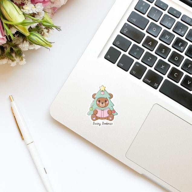 Beary Bookmas Cute Bear Vinyl Sticker | Christmas Stickers | Holiday Stickers | Kindle Stickers | Water Bottle Stickers