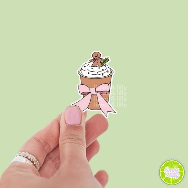 Holiday Hot Chocolate Gingerbread Man Bow Vinyl Sticker | Christmas Stickers | Holiday Stickers | Kindle Stickers | Water Bottle Stickers