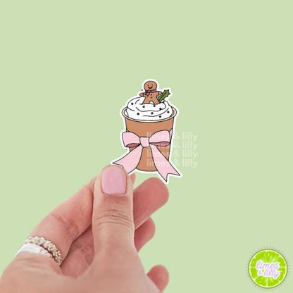 Holiday Hot Chocolate Gingerbread Man Bow Vinyl Sticker | Christmas Stickers | Holiday Stickers | Kindle Stickers | Water Bottle Stickers