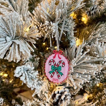 Candy Cane 2025 Christmas Holiday Ornament | Pink & Green Acrylic Christmas Ornament | Cute Holiday Tree Decor | Whimsical Ornament