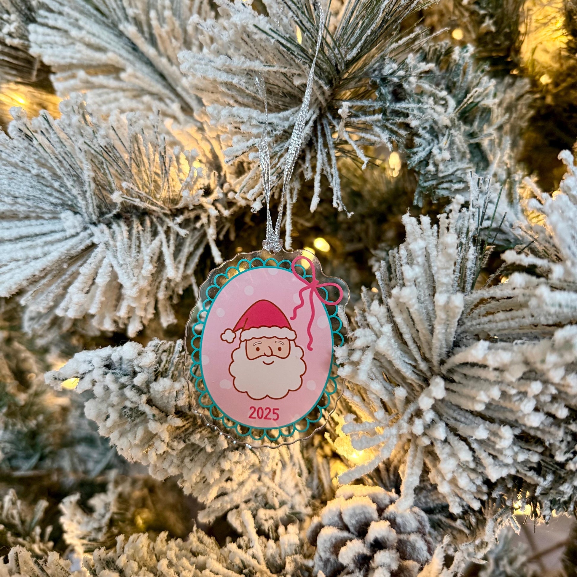 Pink Santa Whimsical 2025 Christmas Holiday Ornament | Pink & Green Acrylic Christmas Ornament | Cute Holiday Tree Decor