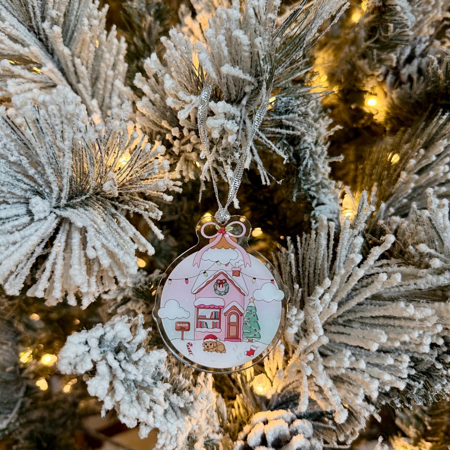 Book Cottage Home Snow Pink Winter Ornament | 3” Acrylic Christmas Ornament | Cozy Bookish Tree Decoration | Holiday Ornament