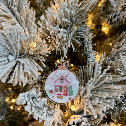 Book Cottage Home Snow Pink Winter Ornament | 3” Acrylic Christmas Ornament | Cozy Bookish Tree Decoration | Holiday Ornament
