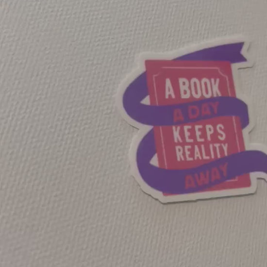 A book a day keeps reality away sticker, book stickers, kindle, laptop, bookstagram, spicy romance bookish sticker, pink book